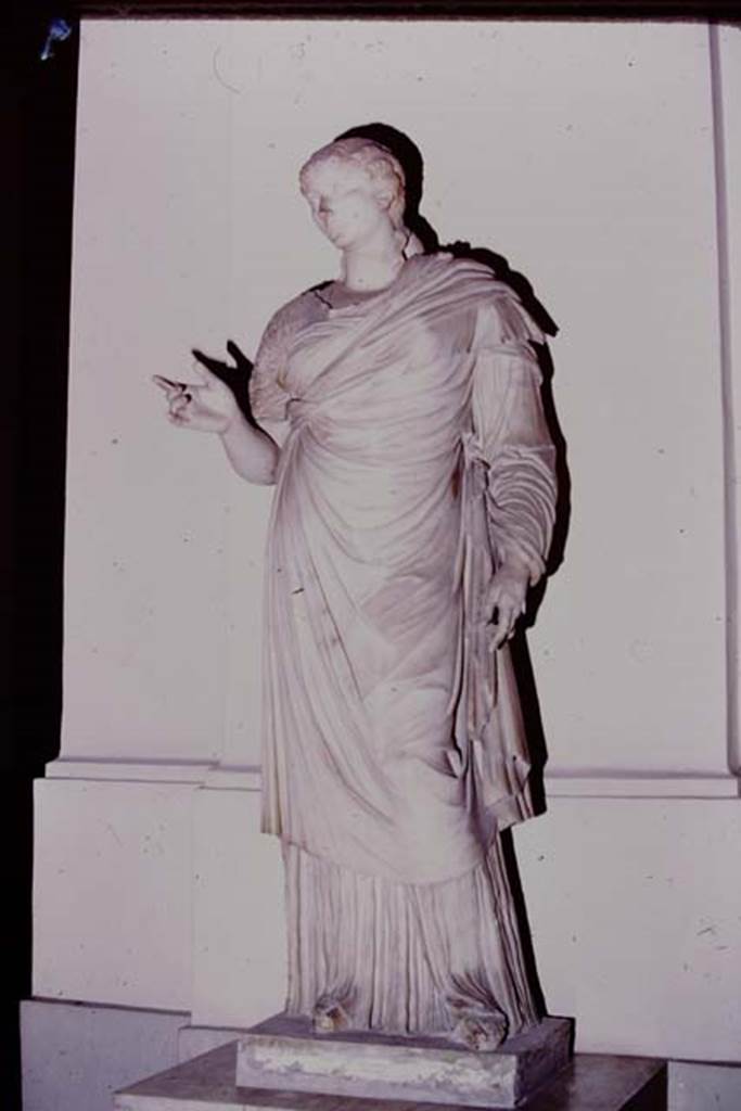 Ins. VII, Herculaneum, 1975. Perhaps one of the daughters of Nonius Balbus, found in the Basilica. Photo by Stanley A. Jashemski.
Source: The Wilhelmina and Stanley A. Jashemski archive in the University of Maryland Library, Special Collections (See collection page) and made available under the Creative Commons Attribution-Non Commercial License v.4. See Licence and use details. J75f0573
Now in Naples Archaeological Museum. Inventory number 6248.